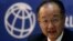 FILE - World Bank President Jim Yong Kim is seen speaking at a news conference.