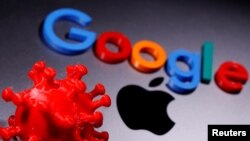 A 3D printed coronavirus model and Google logo are placed near an Apple Macbook Pro in this illustration taken April 12, 2020. (REUTERS/Dado Ruvic/Illustration)