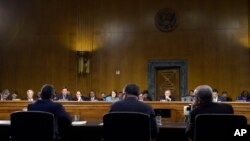 FILE - Witnesses testify on allegations of Russia's meddling in the 2016 U.S. presidential elections at a Senate Intelligence Committee hearing on Capitol Hill in Washington, March 30, 2017.