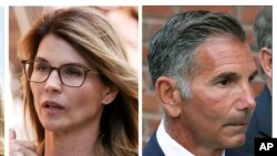 Combination photo shows actress Lori Loughlin and her husband, clothing designer Mossimo Giannulli, outside federal court in Boston on April 3, 2019, where they faced charges in a nationwide college admissions bribery scandal.