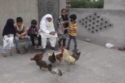 A man sits with his grandchildren as he feeds chickens on the roof of his house during a lockdown in Pakistan, March 26, 2020.