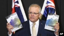 PM Australia Scott Morrison dalam peluncuran Pembaruan Strategis Pertahanan 2020 di Canberra, Australia, Rabu, 1 Juli 2020. 
