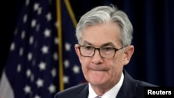 美联储主席鲍威尔在记者会上。（2020年1月29日）