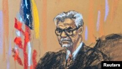In this courtroom sketch from March 25, 2024, Judge Juan Merchan presides during a hearing about the trial of Donald Trump over charges that he falsified business records to conceal money paid to silence porn star Stormy Daniels in 2016, in Manhattan state court in New York.