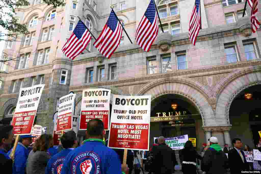 Hundreds protested Donald Trump at the opening of the International Trump Hotel at the Old U.S. Post Office Building in Washington, D.C. Trump was in town for the ribbon-cutting for the luxury hotel, less than two weeks before election day. October 26, 20