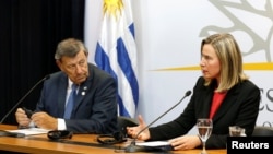 欧盟外交与安全政策高级代表费代丽卡·莫盖里尼和乌拉圭外交部长在蒙得维的亚出席了欧洲和拉美领导人会议后举行的新闻发布会。(2019年2月7日)