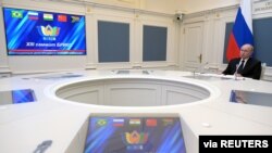 Russian President Vladimir Putin takes part in the BRICS summit via a video link in Moscow, Sept. 9, 2021. 