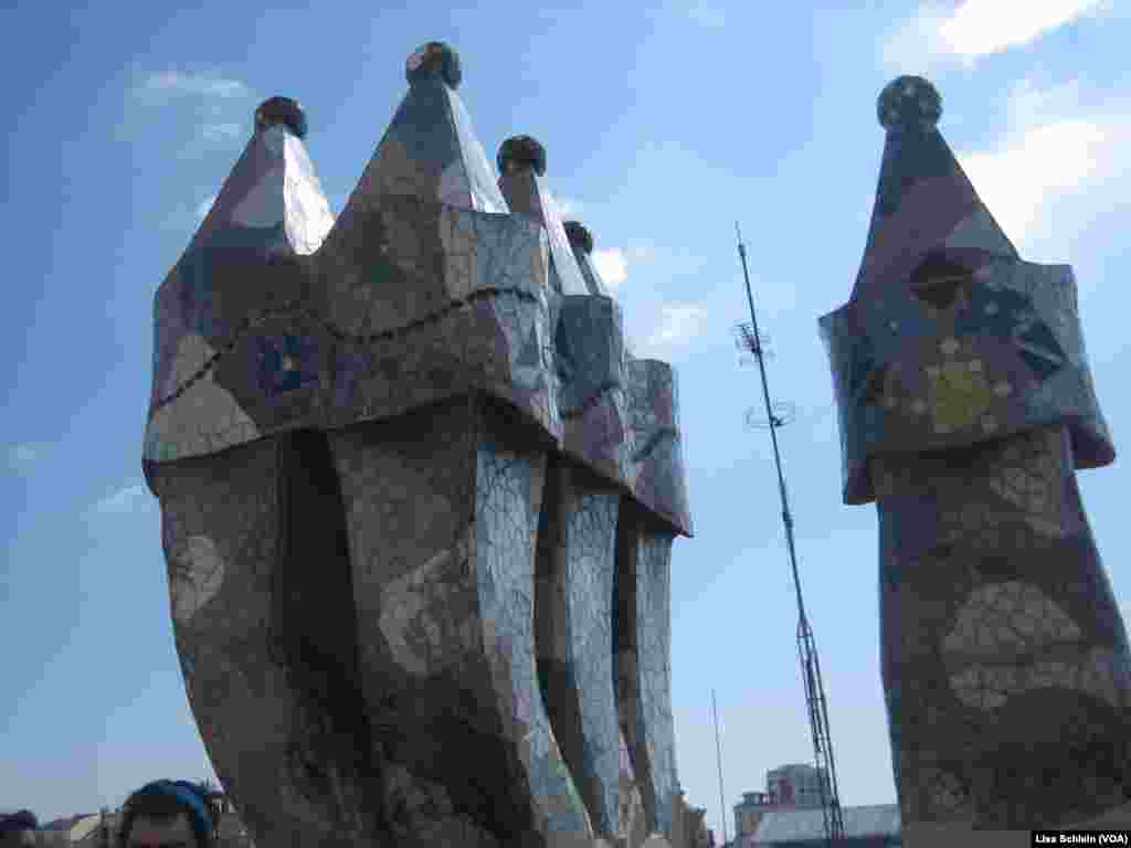 The mushroom-shaped chimney stacks atop Casa Batllo, in Barcelona.