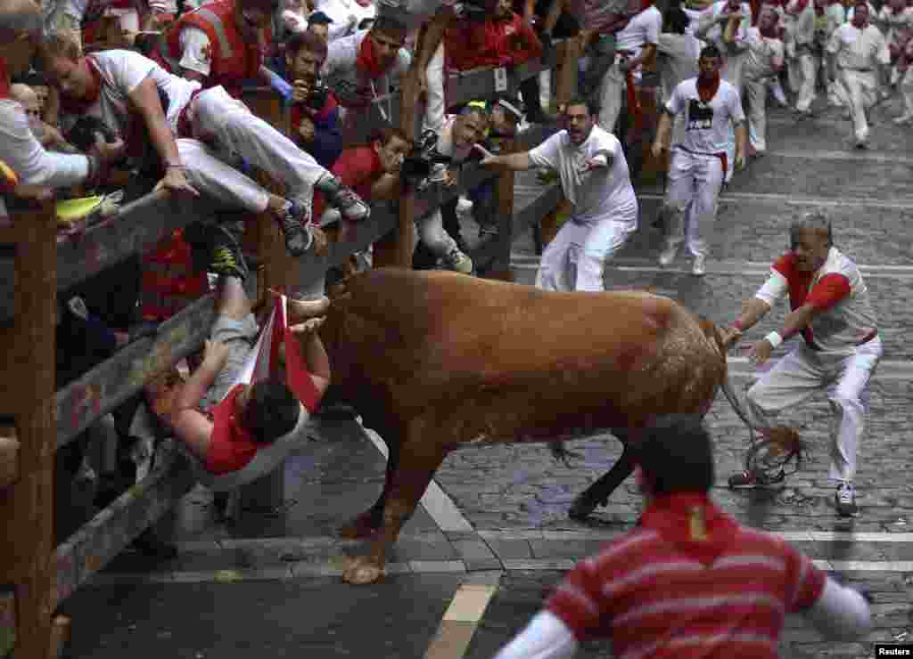 Seorang pria terjatuh pada festival lari dikejar banteng di Pamplona, Spanyol.