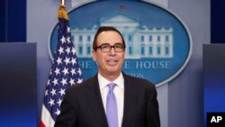 Treasury Secretary Steven Mnuchin speaks to the media during the daily briefing in the Brady Press Briefing Room of the White House in Washington, Feb. 14, 2017.
