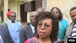 FILE - Cameroon's minister of secondary education, Nalova Lyonga, speaks to the media after encouraging teachers to go to school, in Buea, Cameroon, July 17, 2019. (Moki Kindzeka/VOA)