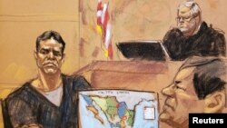 Vicente Zambada takes the witness box at the trial of accused Mexican drug lord Joaquin "El Chapo" Guzman, right, in this courtroom sketch in Brooklyn federal court in New York, Jan. 3, 2019. 
