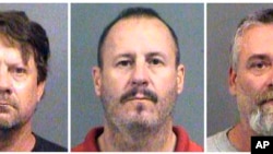 This combination of Oct. 14, 2016, file booking photos provided by the Sedgwick County Sheriff's Office in Wichita, Kan., shows from left, Patrick Stein, Curtis Allen and Gavin Wright, three members of a Kansas militia group.