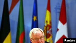 FILE - Christopher Patten, then-European Commissioner for External Relations, speaks at the 5th Euro-Mediterranean Conference in Valencia, Spain, April 22, 2002. 
