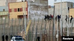 Des migrants africains sont assis au sommet d'une clôture de la frontière entre le Maroc et l'Espagne, le 10 février 2015. (Reuters/Jesus Blasco de Avellaneda)