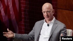 Jeff Bezos, chairman and CEO of Amazon, speaks at the George W. Bush Presidential Center's Forum on Leadership in Dallas, Texas, April 20, 2018.