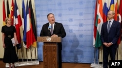 美国国务卿蓬佩奥在与联合国安理会成员国就伊朗问题举行会晤后对媒体发表讲话。(2020年8月20日)