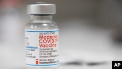 FILE - A vial of the Moderna COVID-19 vaccine is displayed on a counter at a pharmacy in Portland, Ore., Monday, Dec. 27, 2021. (AP Photo/Jenny Kane)