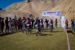 Competitors are seen at the start point of the Hindukush Mountain Bike Challenge, started by Farid Noori and his team of Afghan bikers with the aim of empowering Afghan youth. (Courtesy - MTB Afghanistan)