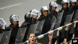 A lone protester in front of a police cordon during demonstrations in Cairo in late January (file photo)