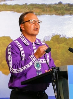 Chief of Choctaw Nation Gary Batton speaks during a press conference with the Chickasaw Nation governor at the Oklahoma Heritage Center in Oklahoma City, Aug. 11, 2016.