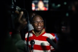 Zimbabwe opposition politician Jacob Ngarivhume, the leader of Transform Zimbabwe, speaks to the press after his release on bail from Chikurubi Maximum Prison in Harare, Sept. 2, 2020.