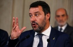 League leader Matteo Salvini gestures as he speaks to the media after consultations with Italian President Sergio Mattarella in Rome, Italy, Aug. 28, 2019.