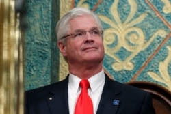 FILE - In this Feb. 12, 2019 file photo, state Senate Majority Leader Mike Shirkey, R-Clarklake, watches during the State of the State address at the state Capitol in Lansing, Mich.
