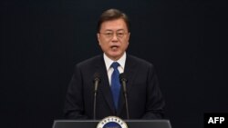 문재인 한국 대통령이 청와대에서 연설하고 있다. (자료사진)