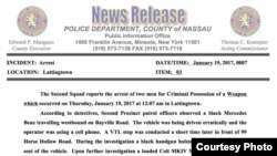 警方关于逮捕周立波的消息稿。纳索郡警察局提供