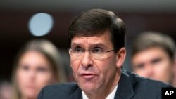 Secretary of the Army and Secretary of Defense nominee Mark Esper testifies before a Senate Armed Services Committee confirmation hearing on Capitol Hill in Washington, Tuesday, July 16, 2019.