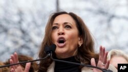 FILE - Sen. Kamala Harris, D-Calif., speaks during the Women's March on Washington, Jan. 21, 2017.