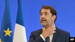 French Interior Minister Christophe Castaner gestures during a media conference addressing police chokeholds, in Paris, June 8, 2020. 