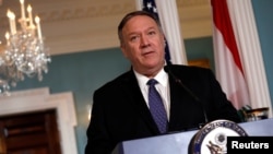 FILE - U.S. Secretary of State Mike Pompeo talks to the media at the State Department in Washington, Aug. 15, 2019.