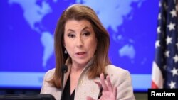 امریکی محکمہ خارجہ کی ترجمان ٹیمی بروس چھ مارچ 2025 کو واشنگٹن ڈی سی میں اپنی پہلی پریس ،بریفنگ کے دوران، فوٹو رائٹرز