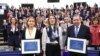 Venezuelan opposition presidential candidate Edmundo Gonzalez Urrutia and Ana Corina Sosa pose next to European Parliament President Roberta Metsola after during an award ceremony at in Strasbourg, Dec. 17, 2024.