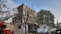 FILE - This photo provided by the Ukrainian Emergency Service shows the aftermath of a Russian attack in Cherkasy, Ukraine, Sept. 21, 2023. The region was attacked again on April 25, 2024, with blast waves and debris damaging nearly 50 houses.
