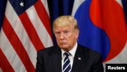 U.S. President Donald Trump looks on during his meeting with South Korean president Moon Jae-in during the U.N. General Assembly in New York, Sept. 21, 2017.