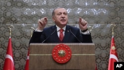 Turkey's President and leader of ruling Justice and Development Party Recep Tayyip Erdogan speaks to village administrators in Ankara, Jan. 11, 2018.