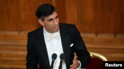 英国首相苏纳克2022年11月28日在伦敦金融区一场活动中发表了他上任首相以来的首场外交政策演说。（路透社）