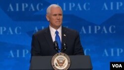 Wakil Presiden Amerika, Mike Pence memberikan sambutan pada konferensi tahunan aktivis pro-Israel, AIPAC, di Washington DC (26/3).