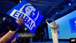 The Christian Democrats party leader Ebba Busch Thor speaks at the election party in Stockholm, Sweden, Sunday, Sept. 9, 2018. ( Jessica Gow / TT via AP)