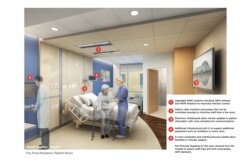 To improve infection control, new hospital room designs include upgraded air filtration systems, remote-controlled machines to limit staff time in the room, and built-in infrastructure for extra equipment. (Courtesy Hord Coplan Macht)