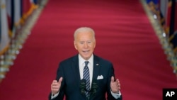 President Joe Biden speaks about the COVID-19 pandemic during a prime-time address from the East Room of the White House, Thursday, March 11, 2021, in Washington. (AP Photo/Andrew Harnik)