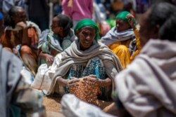 FILE - An Ethiopian woman scoops up grains of wheat after it was distributed by the Relief Society of Tigray in the town of Agula, in the Tigray region of northern Ethiopia, May 8, 2021.