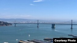 A wide shot of the San Francisco-Oakland Bay Bridge as sail boats and ferries make their way across the bay in San Francisco, California, Monday, Sept 10, 2018. (Courtesy: Yasmine Bekheet)