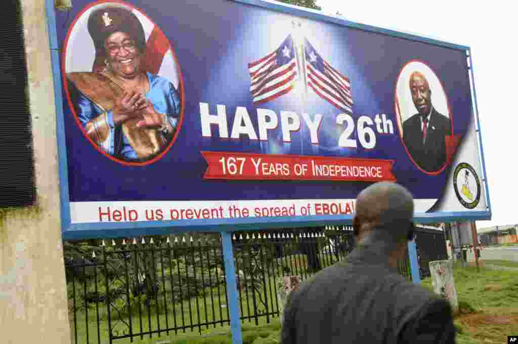 An Ebola public awareness campaign utilitzes a billboard with the face of Liberia President Ellen Johnson Sirleaf, Monrovia, Liberia, July 31, 2014.&nbsp;