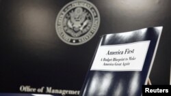 U.S. President Donald Trump's overview of the budget priorities for Fiscal Year 2018 are displayed at the U.S. Government Publishing Office (GPO) on its release by the Office of Management and Budget (OMB) in Washington, March 16, 2017. 