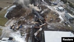 FILE - Drone footage shows the freight train derailment in East Palestine, Ohio, US, February 6, 2023 in this screengrab obtained from a handout video released by the NTSB.