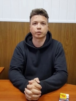 FILE - Belarusian blogger Raman Pratasevich is said to be seen in a pre-trial detention facility in Minsk, Belarus May 24, 2021, in this still image taken from video. (Telegram@Zheltyeslivy/Reuters TV)